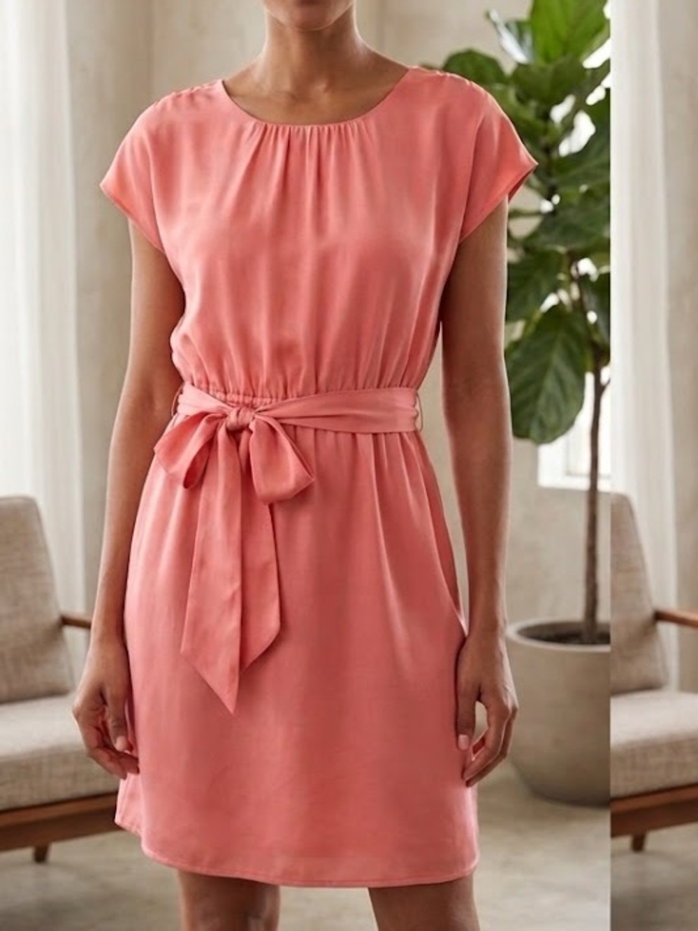 Leona 100% silk coral tie waist dress